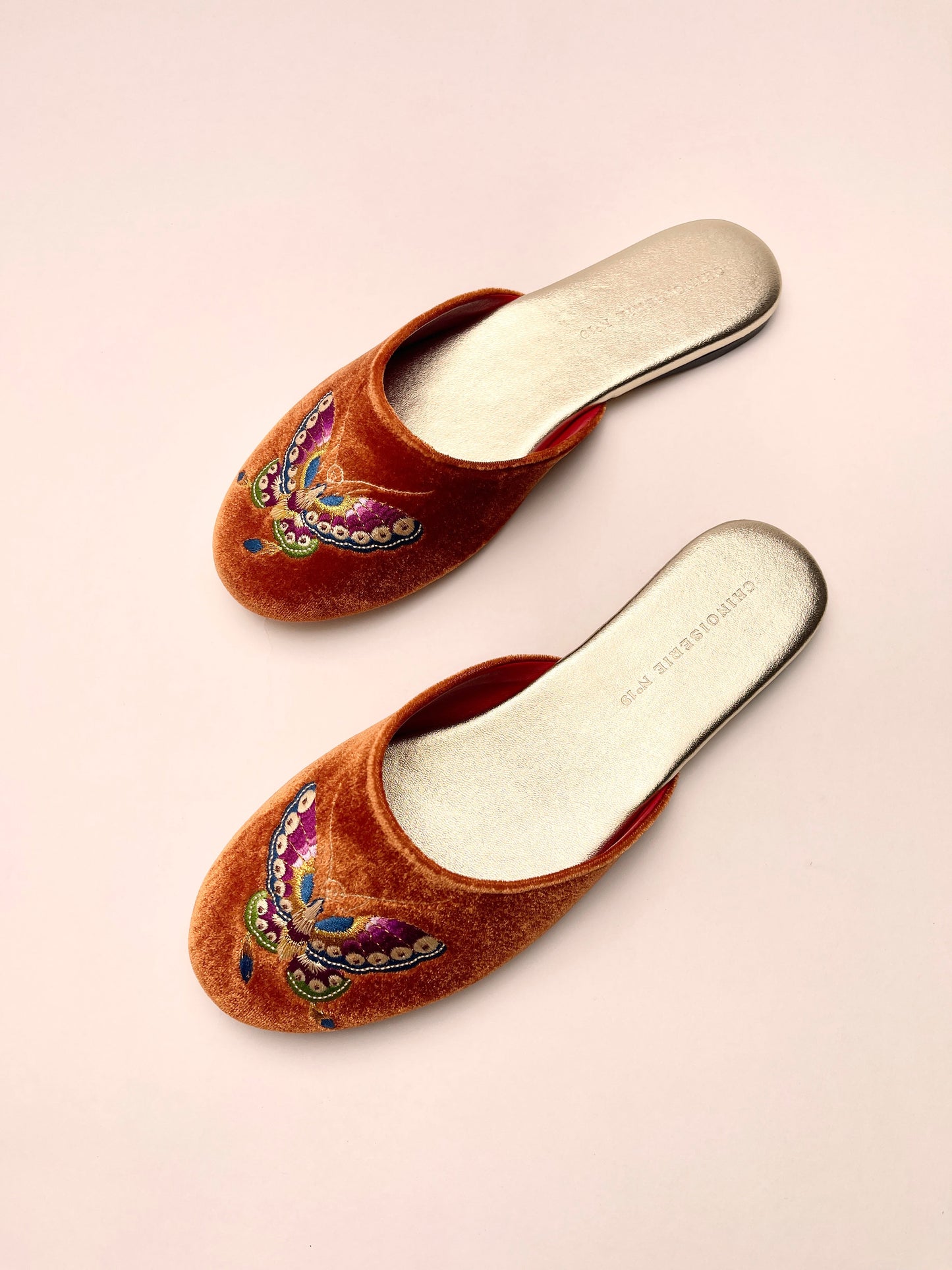 Butterfly Embroidered Velvet Mules Slippers in Burnt Orange