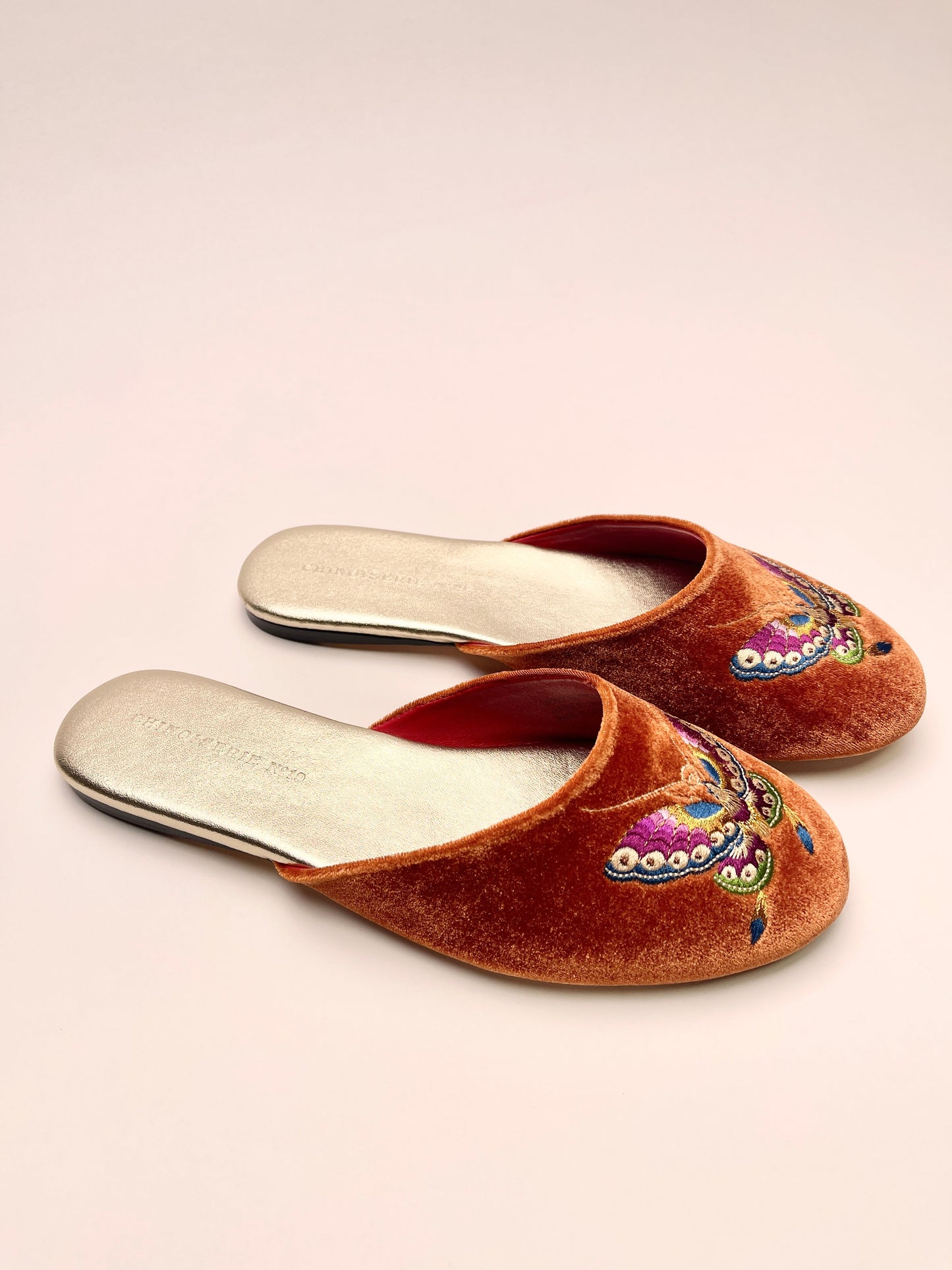 Butterfly Embroidered Velvet Mules Slippers in Burnt Orange