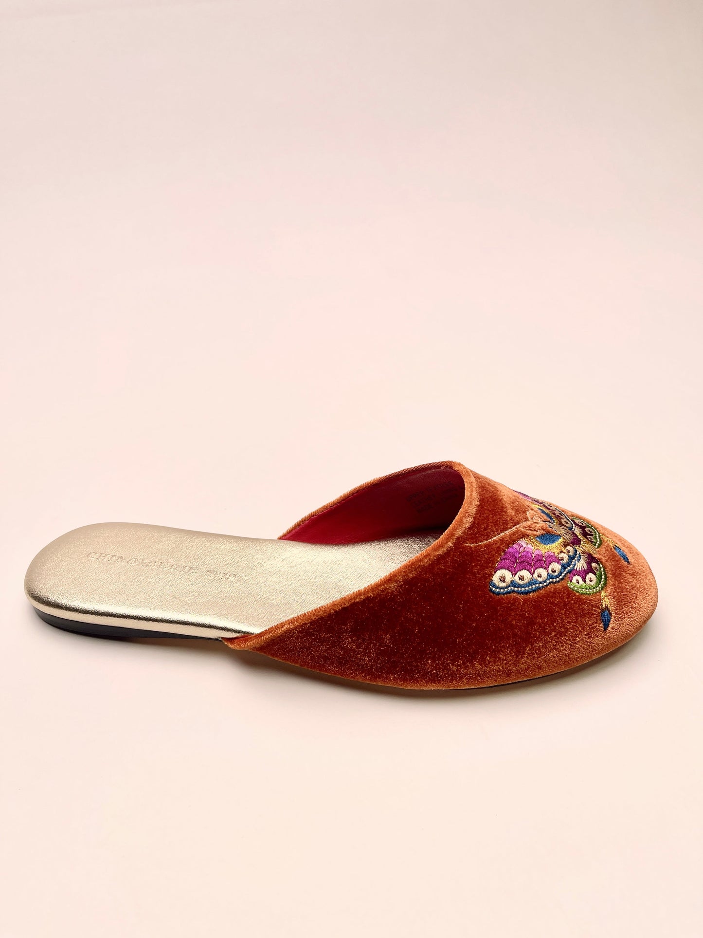Butterfly Embroidered Velvet Mules Slippers in Burnt Orange