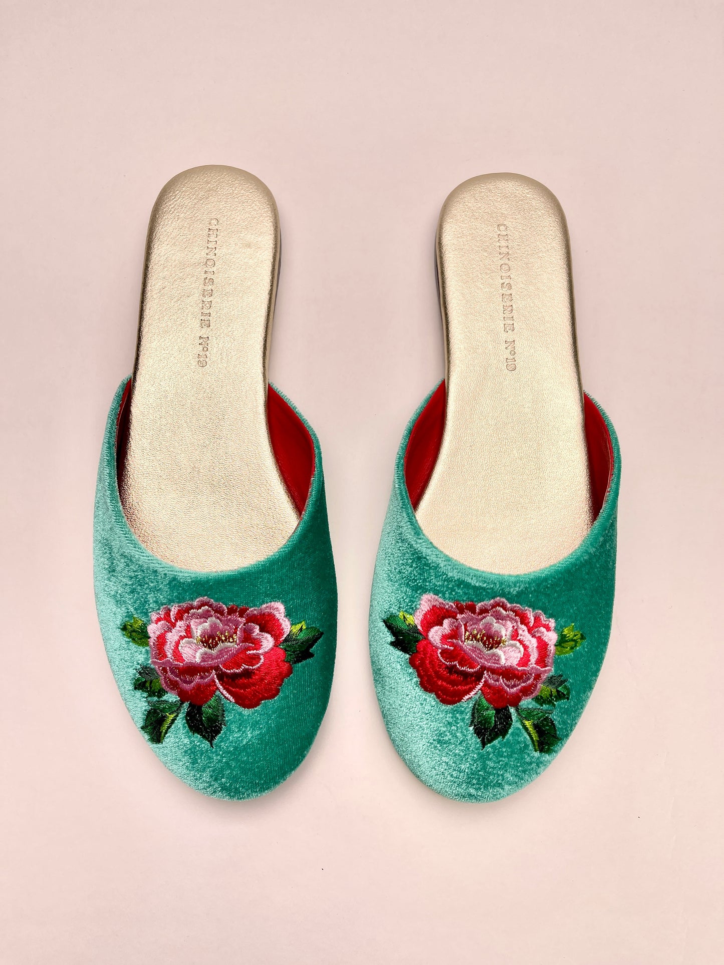 Peony Embroidered Velvet Mules Slippers in Jade