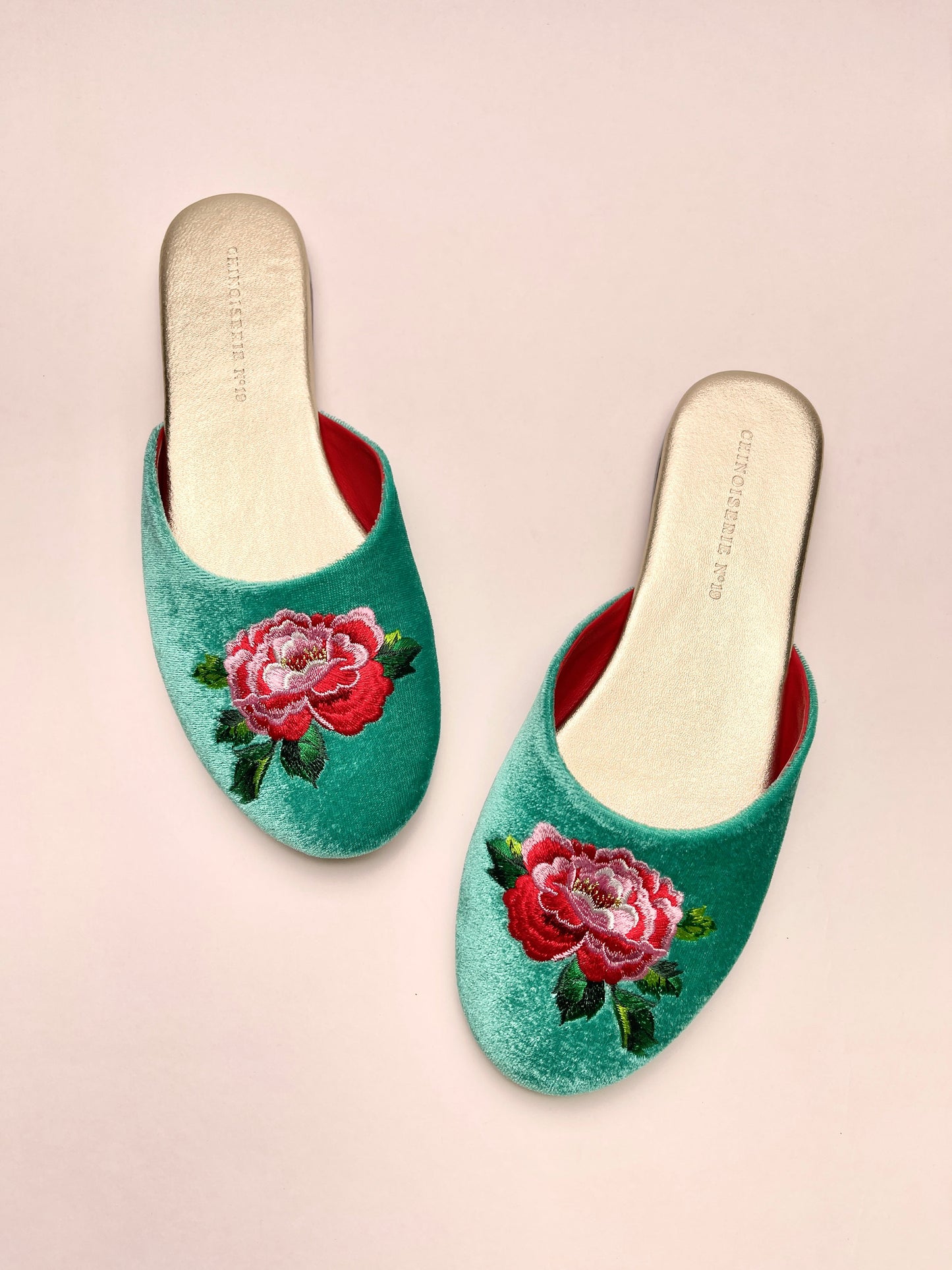 Peony Embroidered Velvet Mules Slippers in Jade