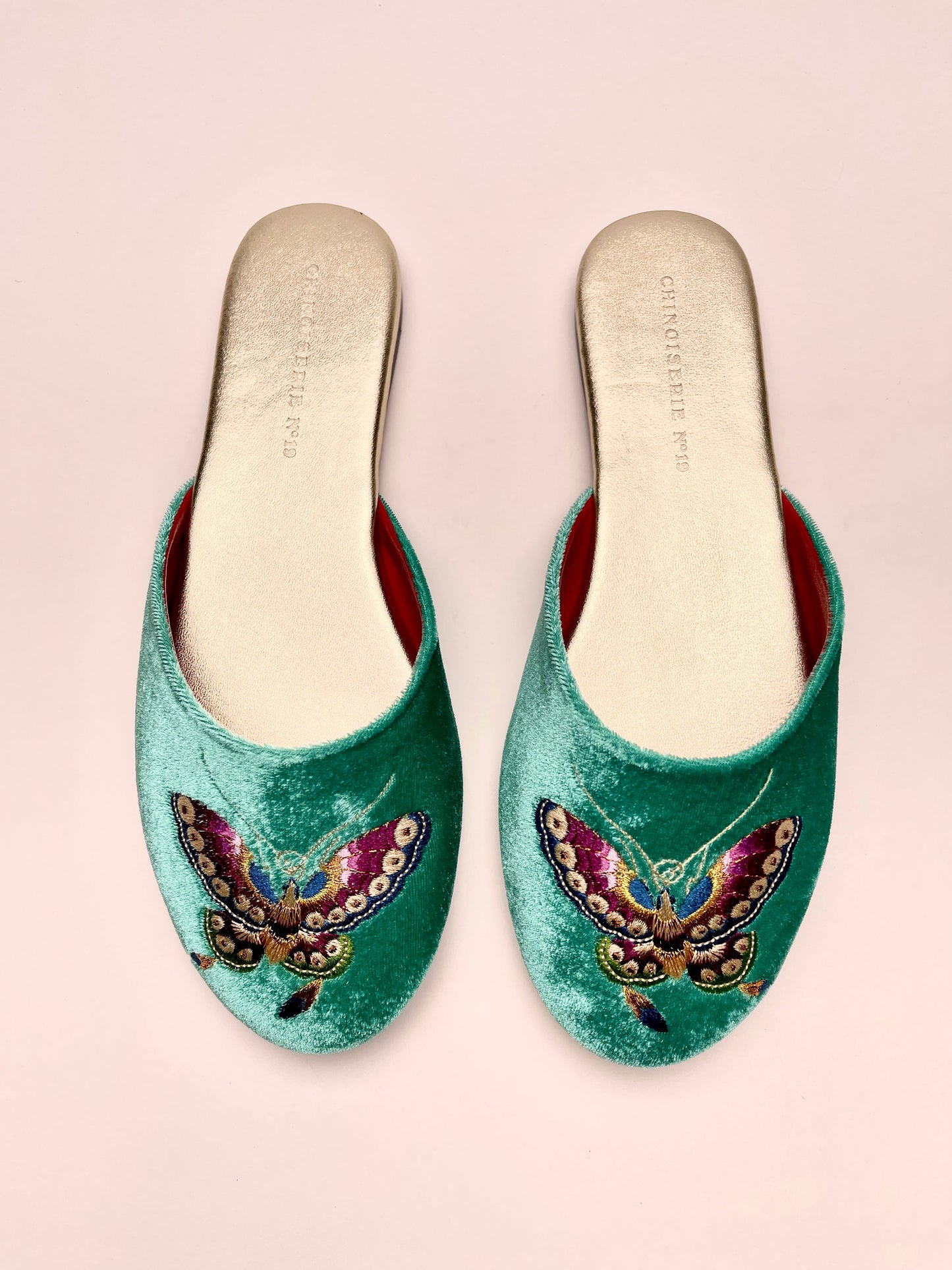 Butterfly Embroidered Velvet Mules Slippers in Jade