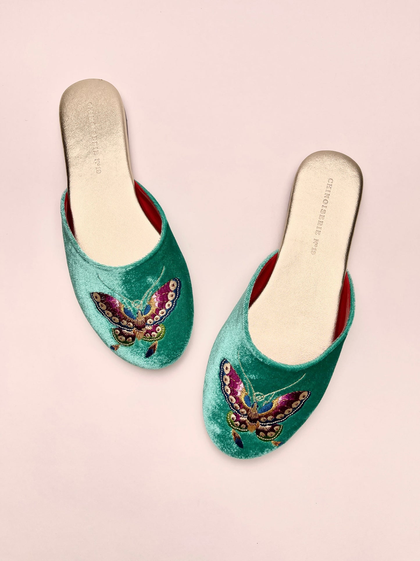 Butterfly Embroidered Velvet Mules Slippers in Jade