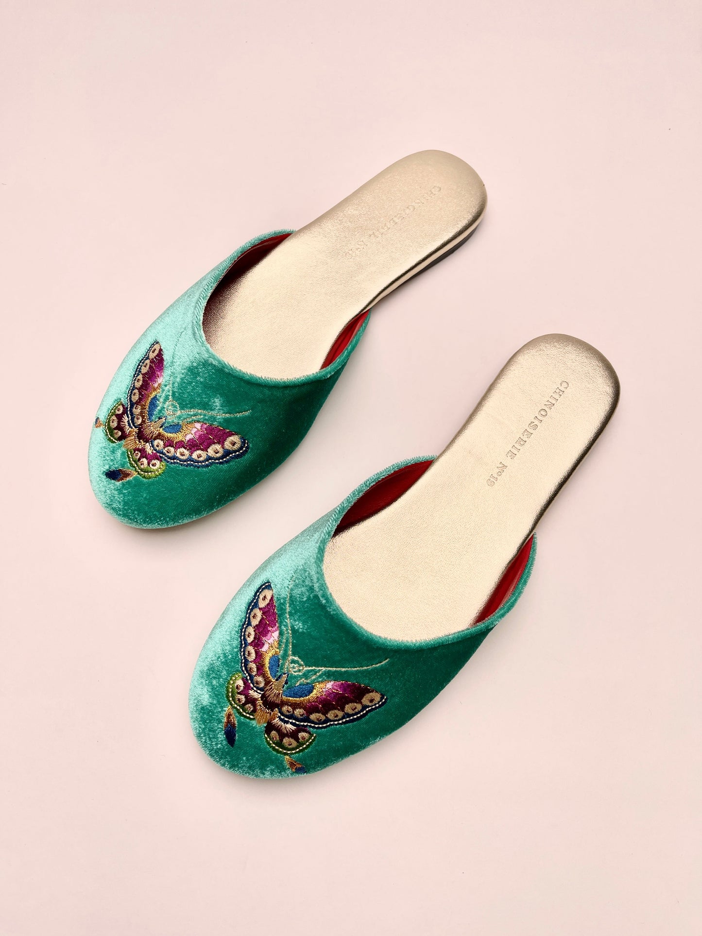 Butterfly Embroidered Velvet Mules Slippers in Jade