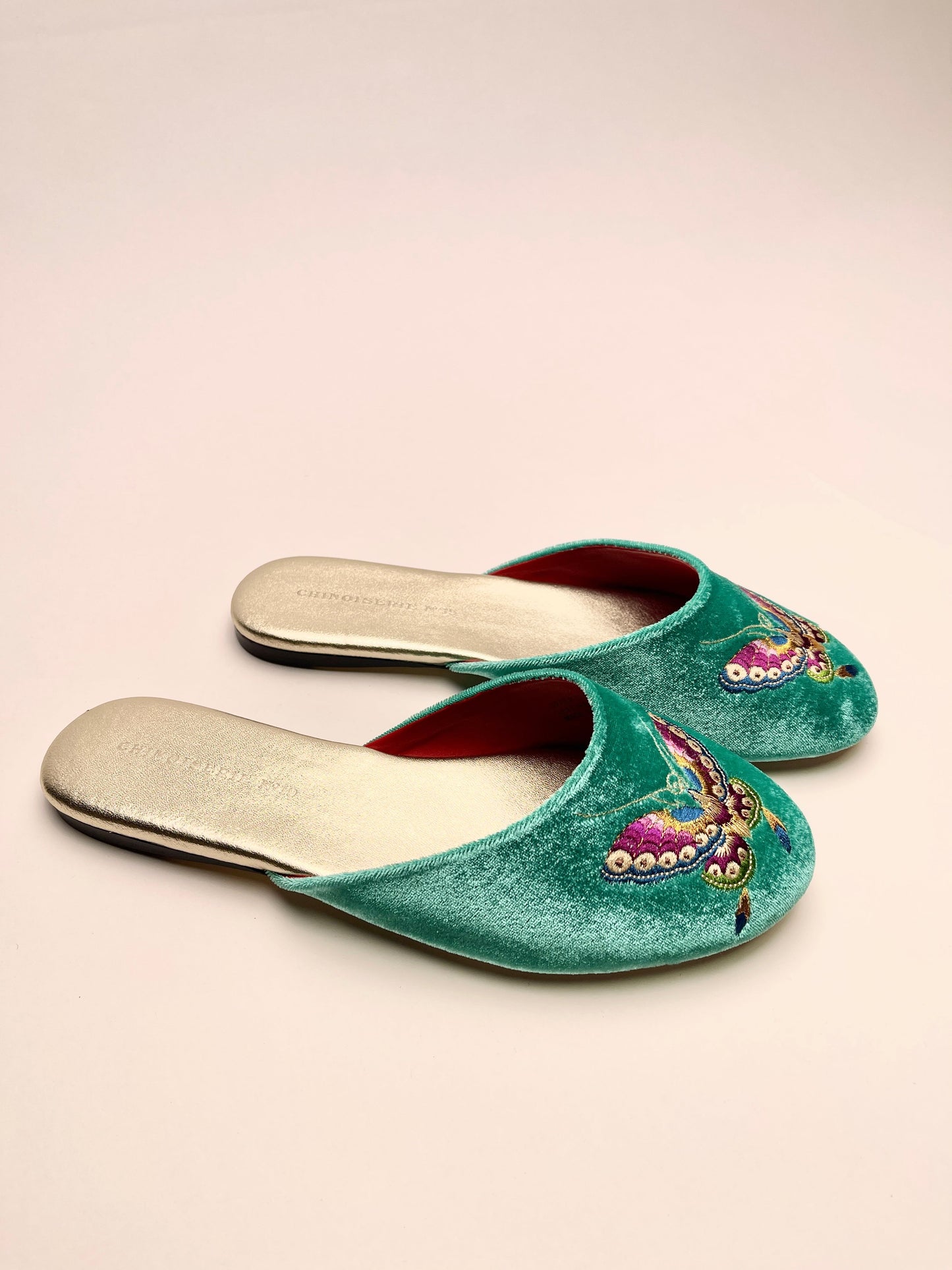 Butterfly Embroidered Velvet Mules Slippers in Jade