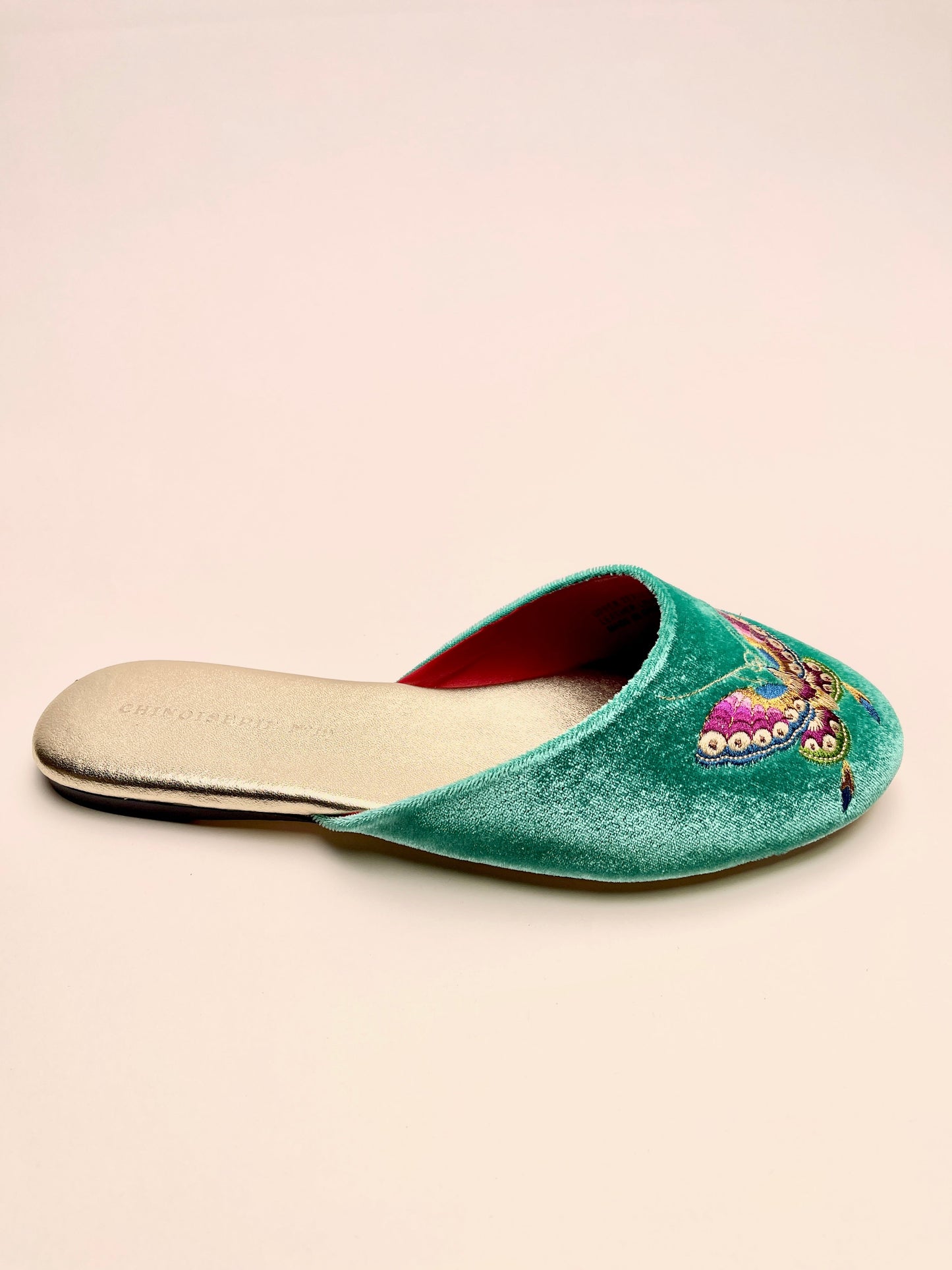 Butterfly Embroidered Velvet Mules Slippers in Jade