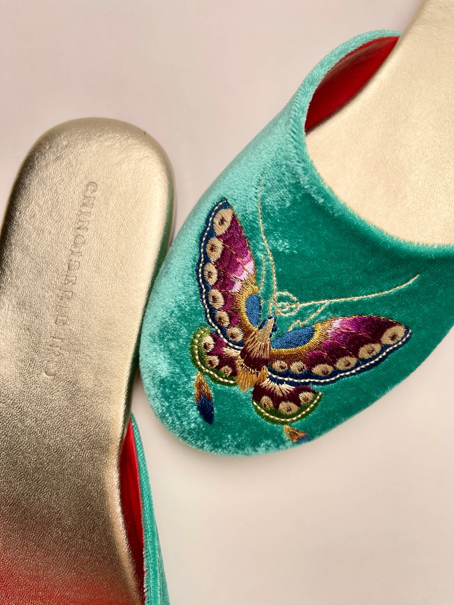 Butterfly Embroidered Velvet Mules Slippers in Jade