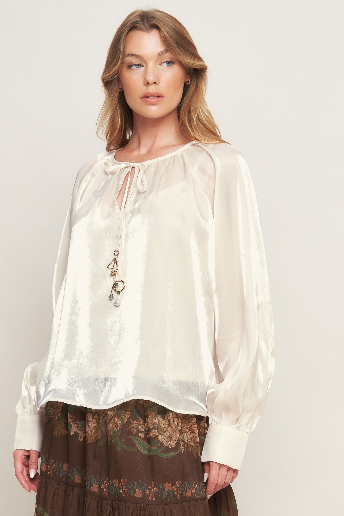 ETERNAL PEARL CHARM WOVEN PEASANT TOP