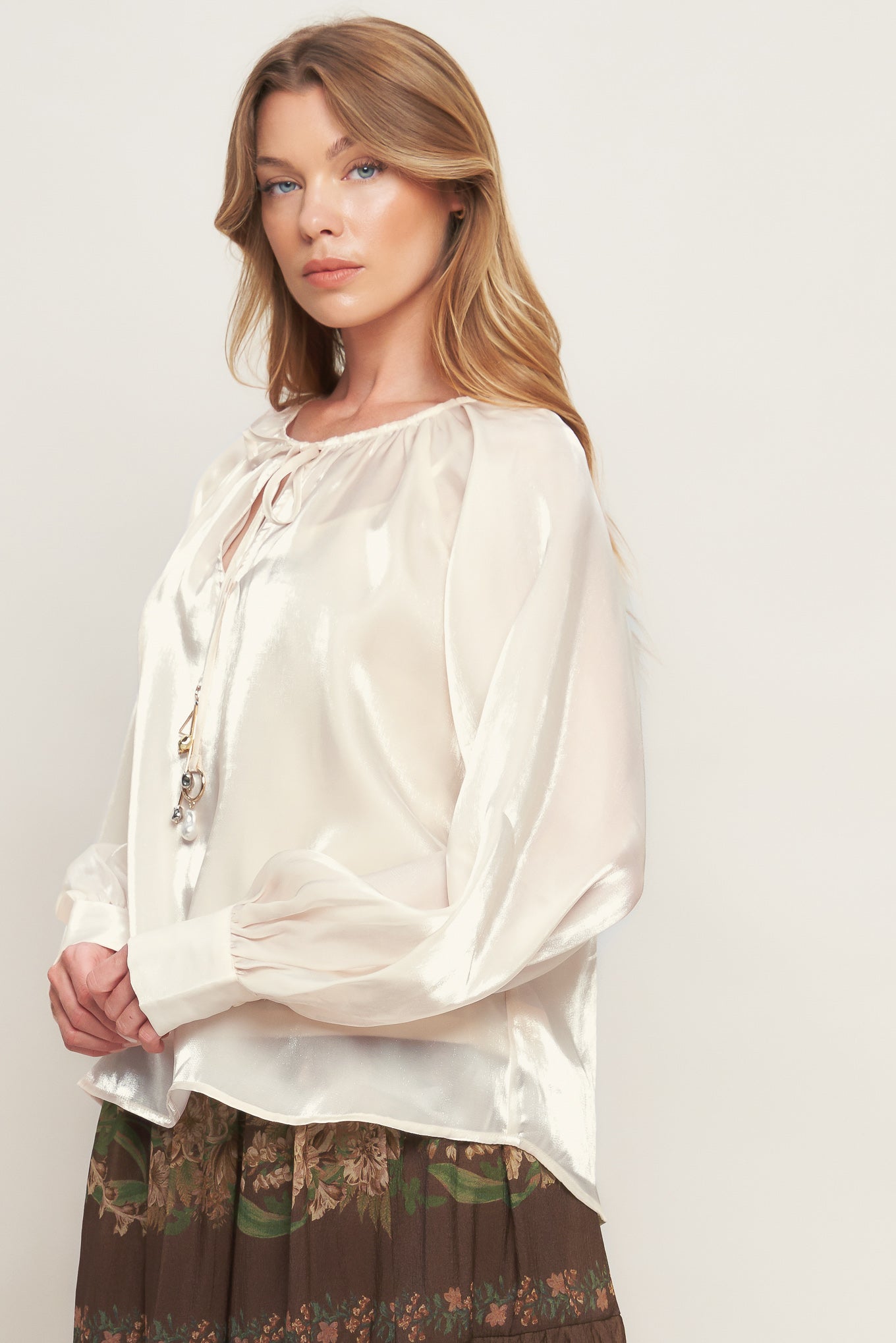 ETERNAL PEARL CHARM WOVEN PEASANT TOP