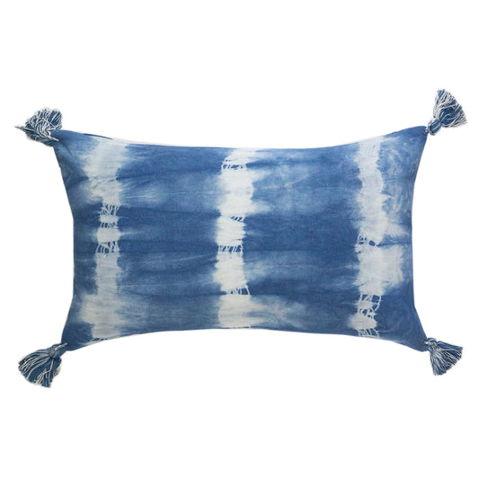 Indigo Striped Shibori Tassel Lumbar Pillow 12" x 20"