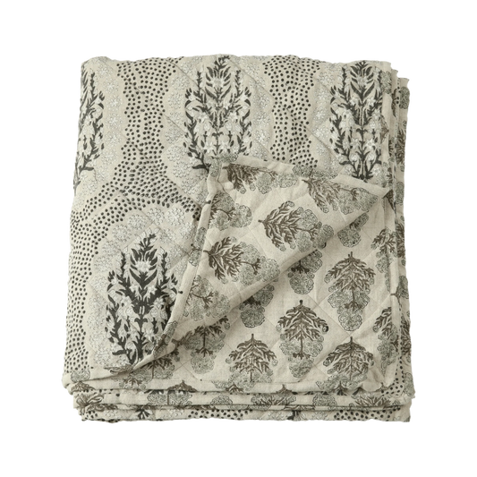 Fleur Linen & Cotton Block Print Quilted Coverlet