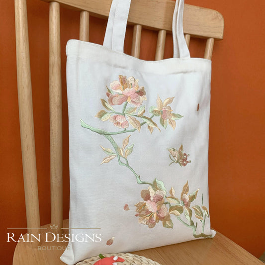 Peony Floral Embroidery Tote Bag