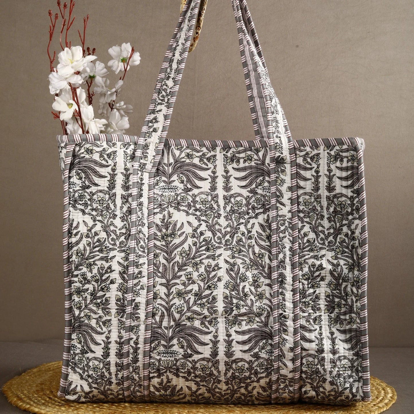 Grey Floral Jungle Cotton Tote Bag