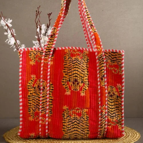 Stylish Tiger Print Velvet Cotton Tote Bag