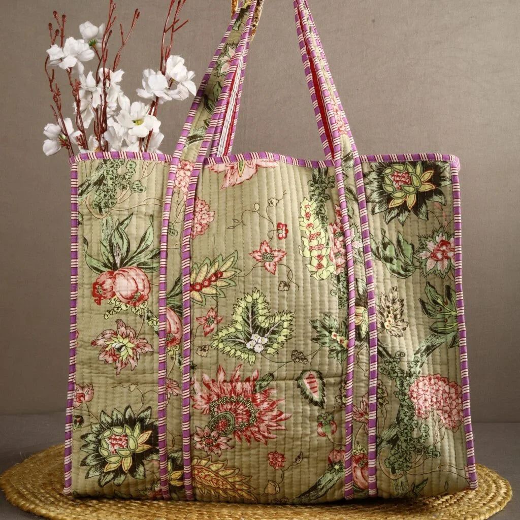 Warm Green Floral Cotton Tote Bag