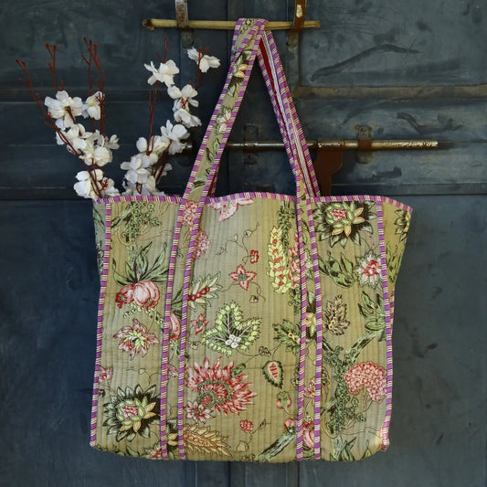 Warm Green Floral Cotton Tote Bag