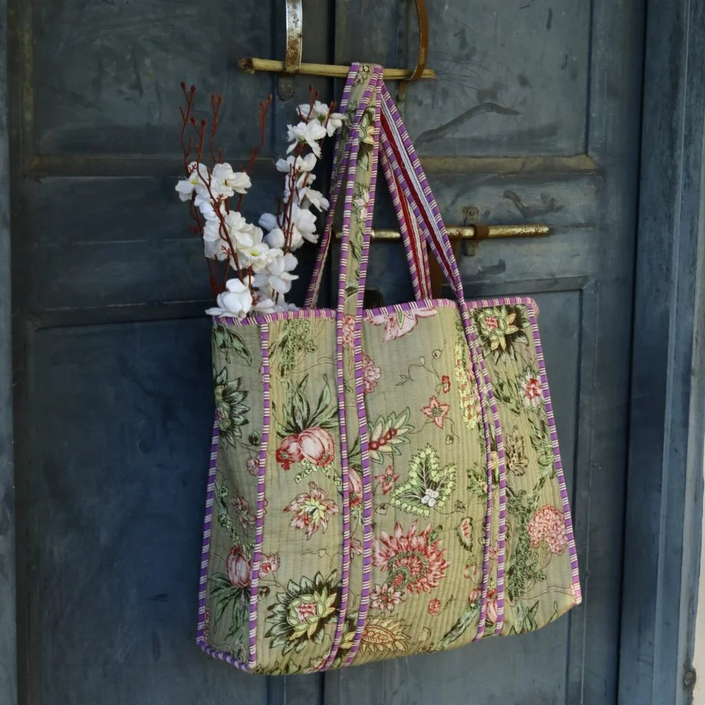 Warm Green Floral Cotton Tote Bag