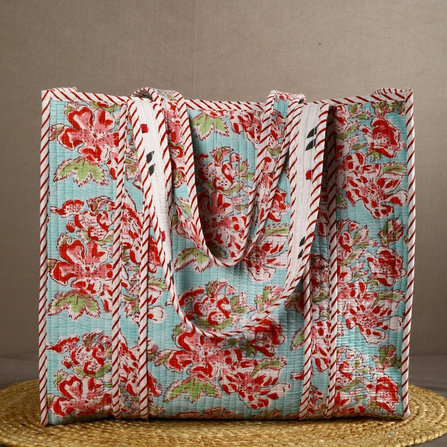 Sky-Blue Floral Patch Cotton Tote Bag