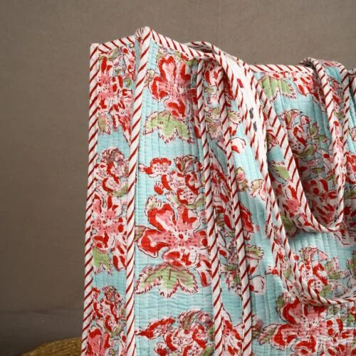 Sky-Blue Floral Patch Cotton Tote Bag