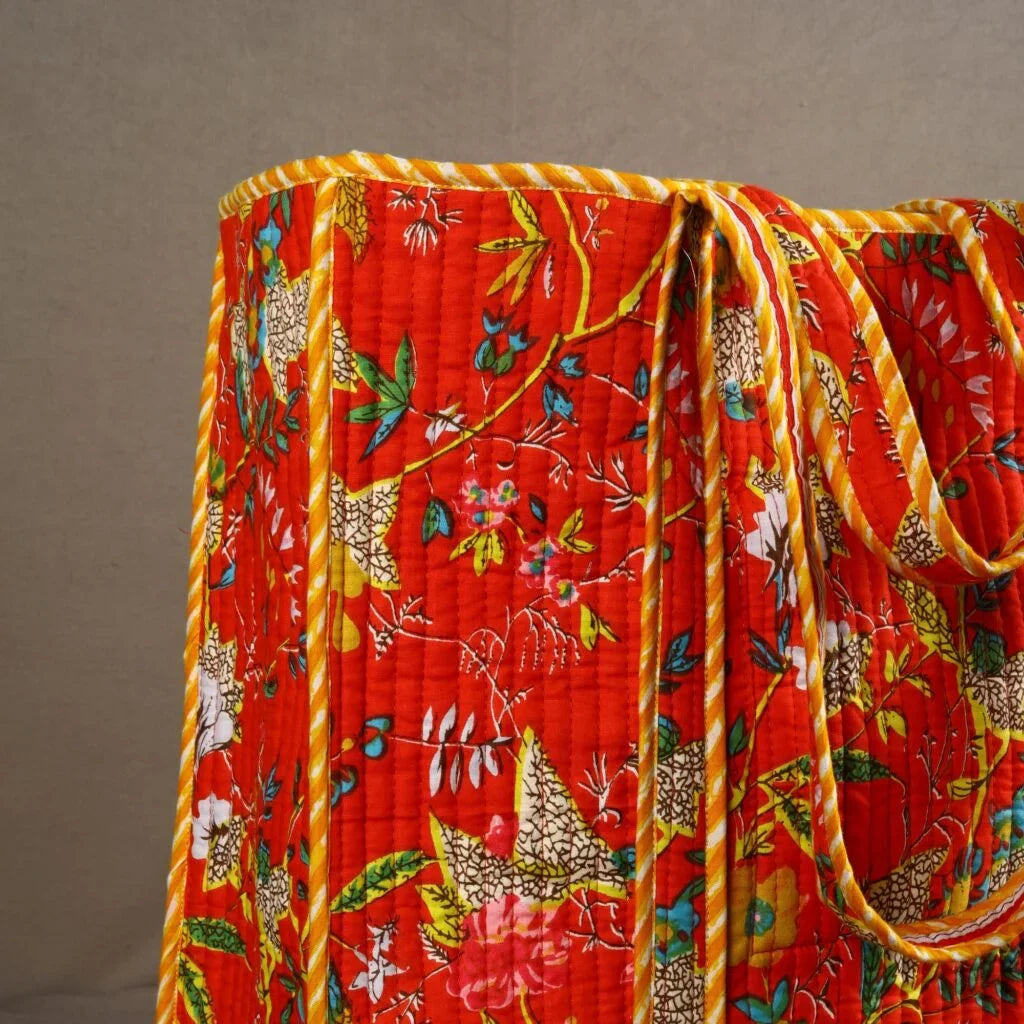 Orange Floral Cotton Tote Bag