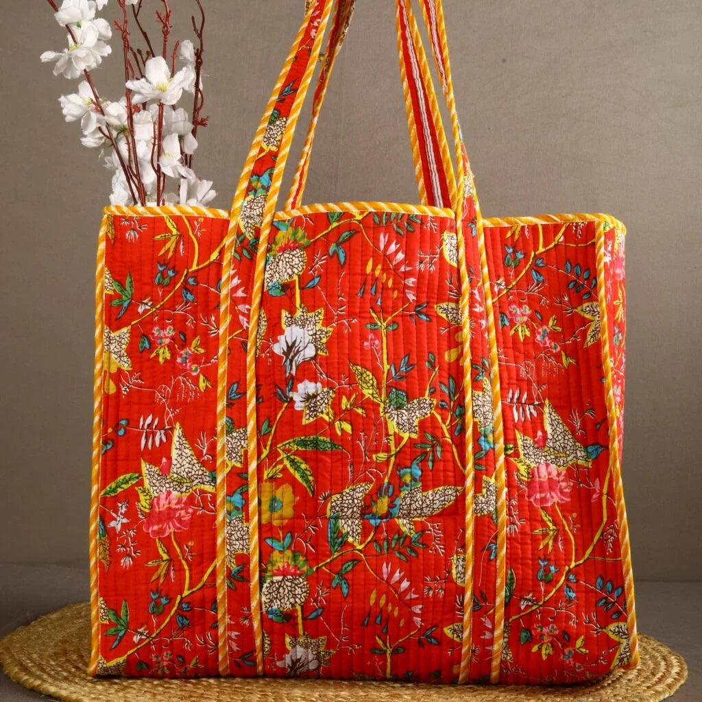 Orange Floral Cotton Tote Bag