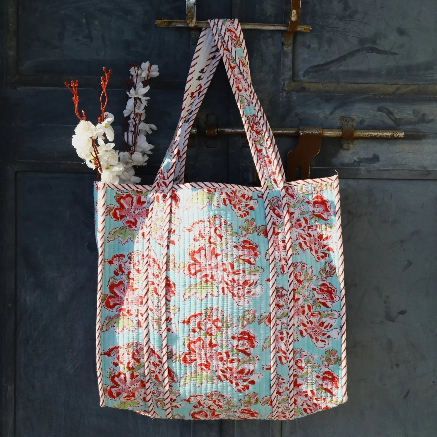 Sky-Blue Floral Patch Cotton Tote Bag