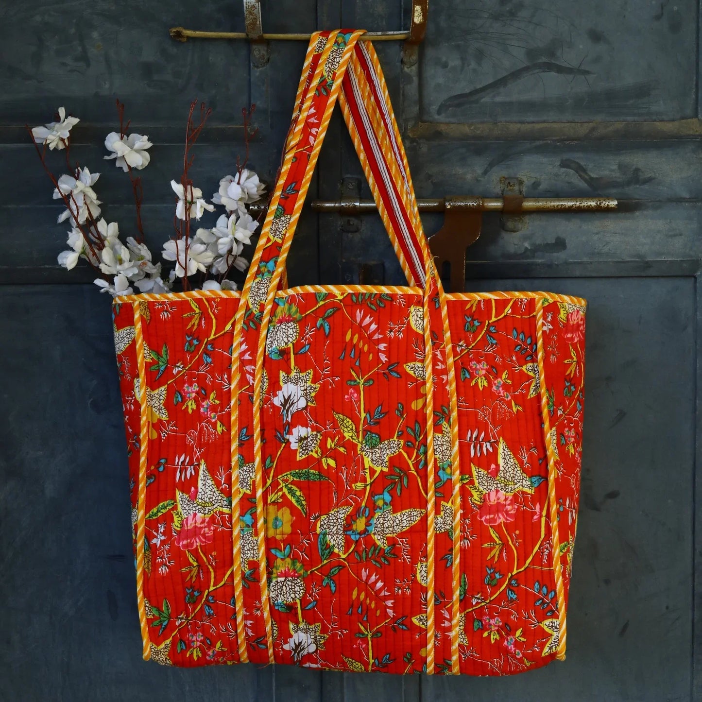 Orange Floral Cotton Tote Bag