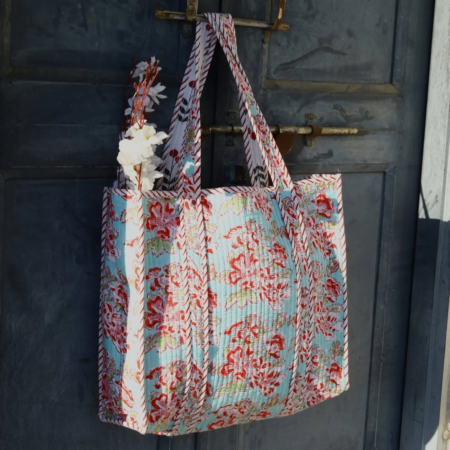 Sky-Blue Floral Patch Cotton Tote Bag