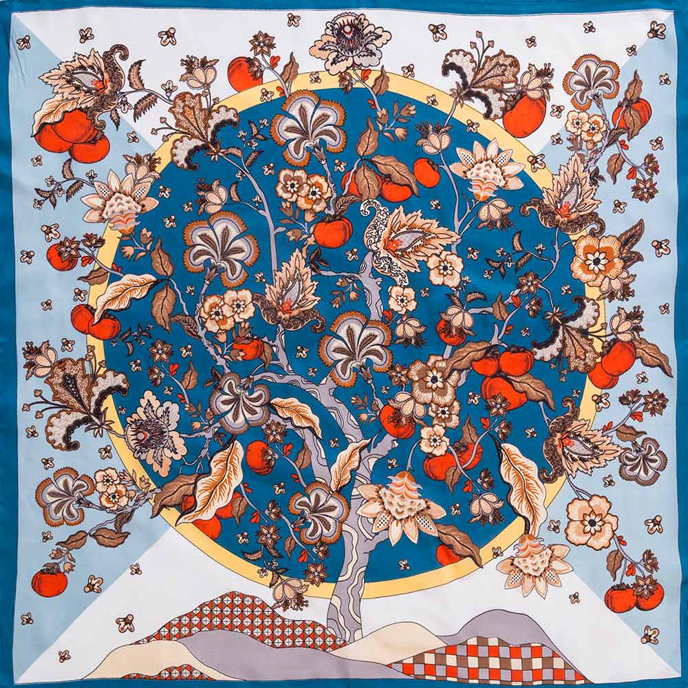 Botanical Tree and Fruit Print Square Bandana Scarf