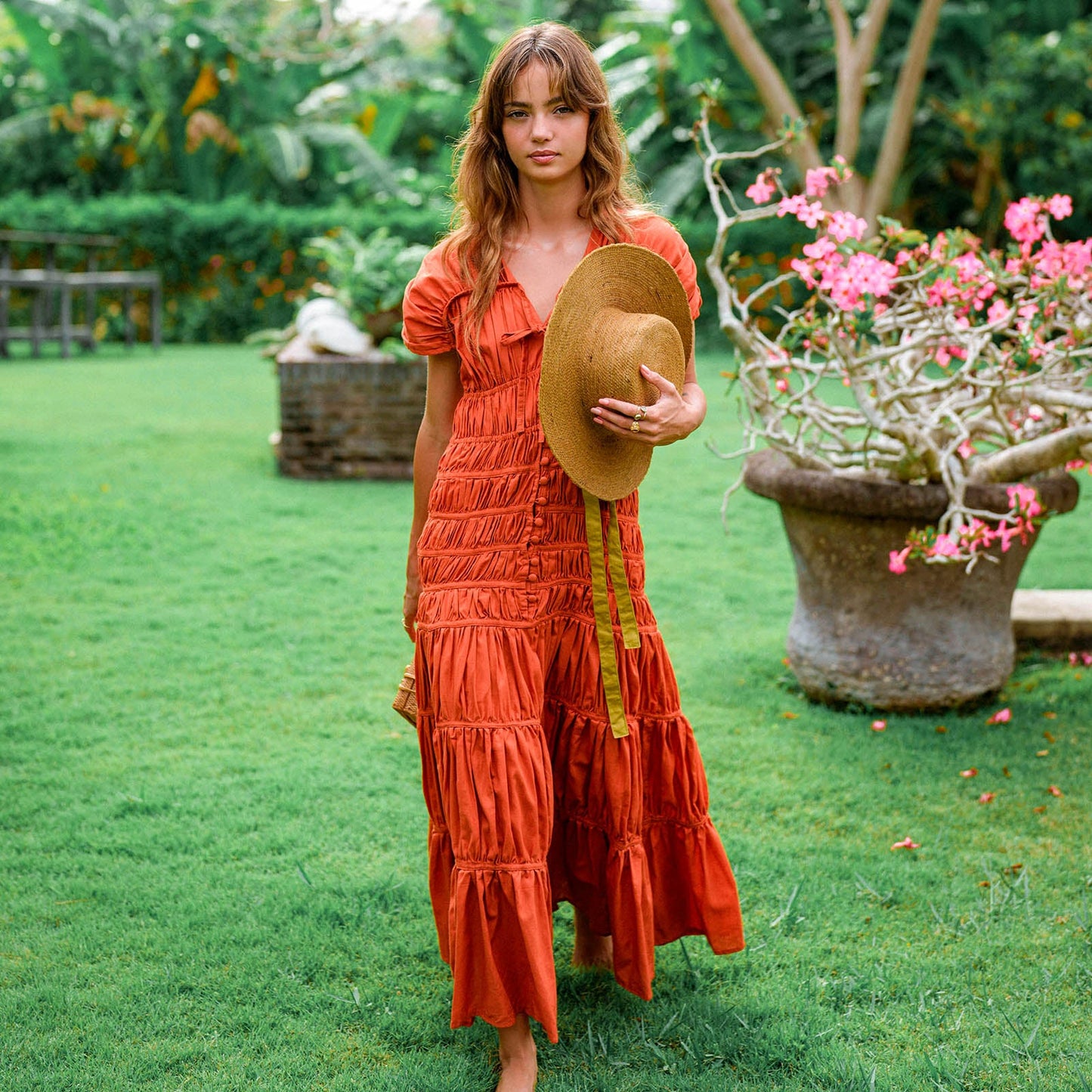 SRIKANDI Ruffle Maxi Dress In Sienna Brown
