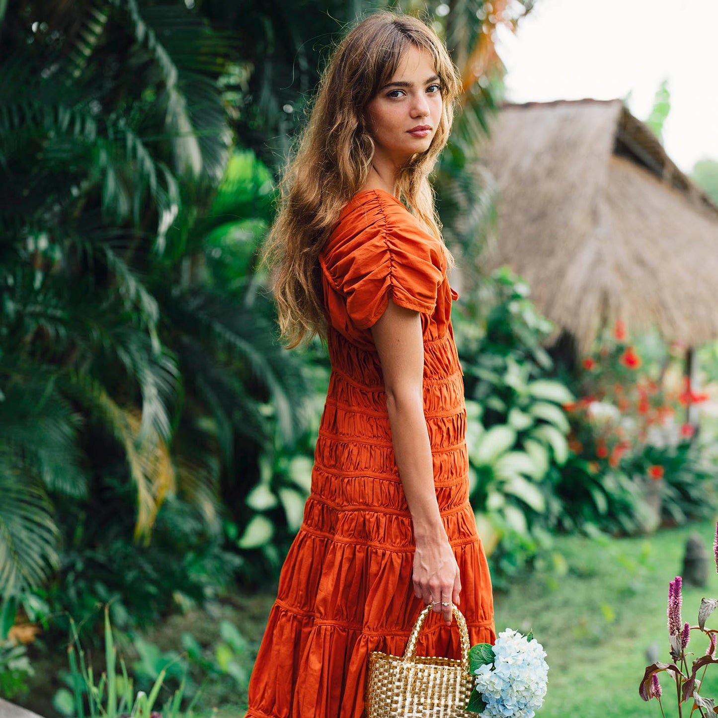 SRIKANDI Ruffle Maxi Dress In Sienna Brown