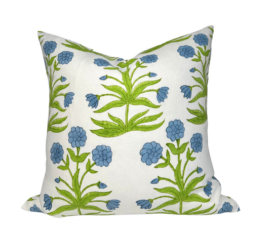 Mughal Pillow Cover in Sky Blue and Pistachio, Schumacher Textiles