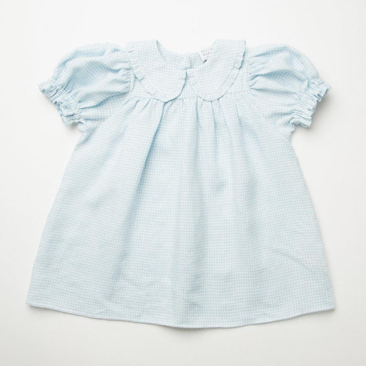 Kids Marbles Dress - Baby Blue And Milk Mini Check Linen