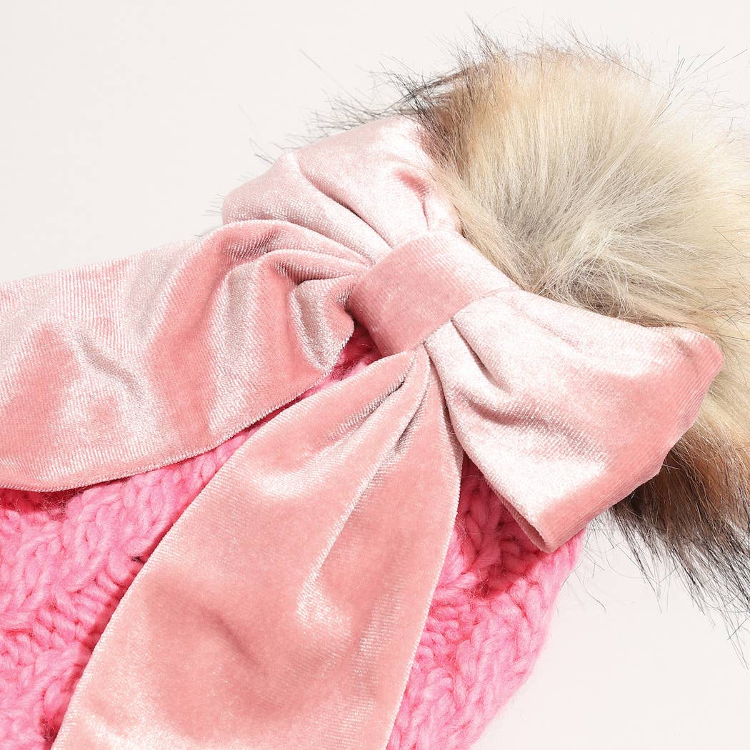 Winter Knitted Beanie Pom Pom Ribbon Bow Scrunchie