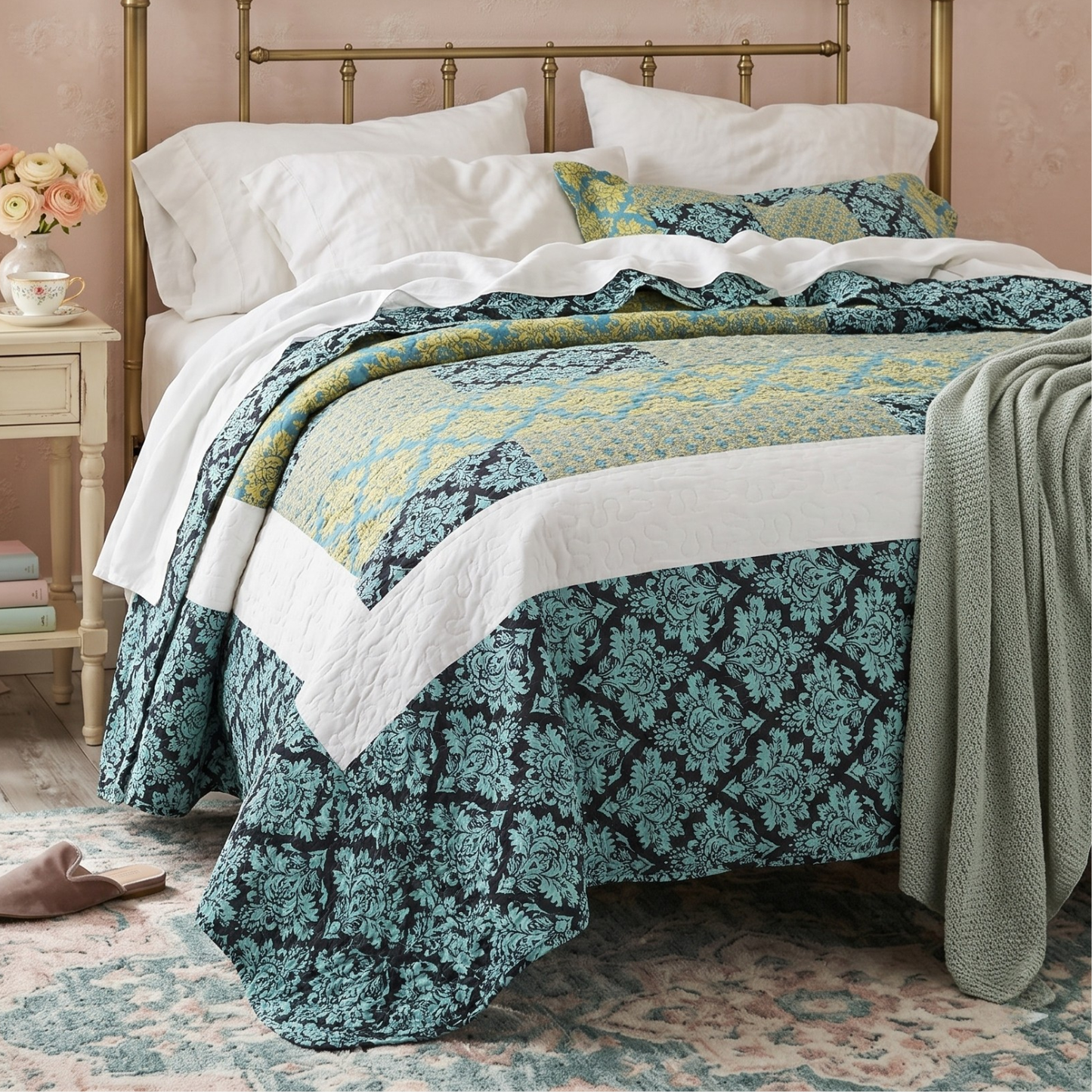 Tache Damask Ornate Baroque Teal Turquoise Blue Green Scalloped Quilt Set (SD-3300)