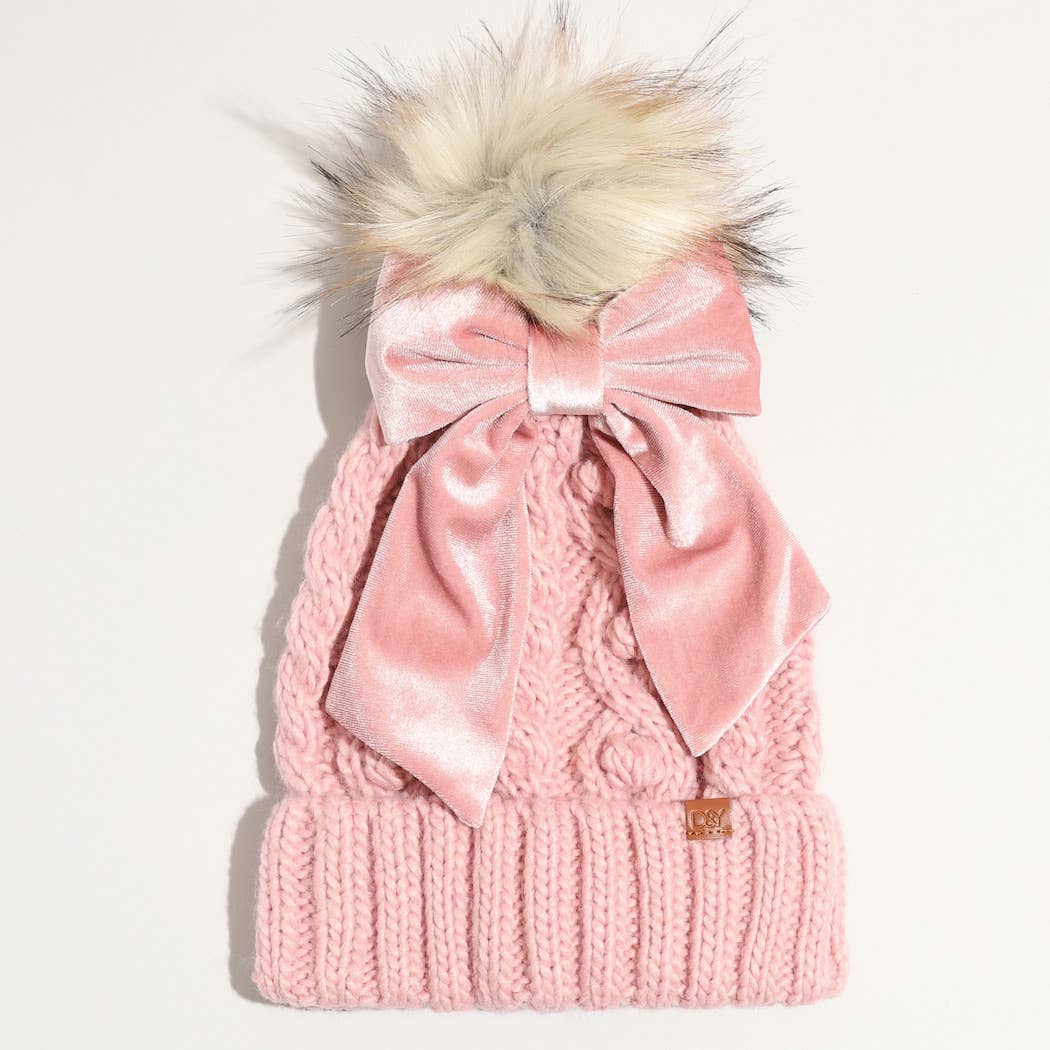Winter Knitted Beanie Pom Pom Ribbon Bow Scrunchie