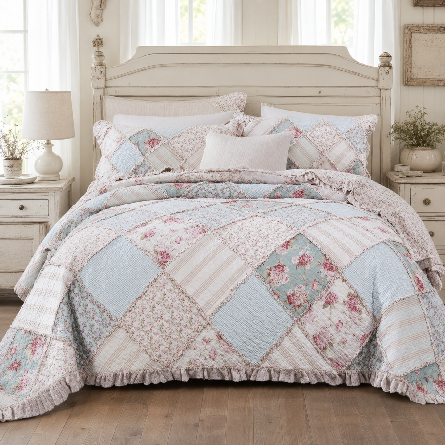DaDa Bedding Hint of Mint Pastel Cotton Patchwork Quilt Set