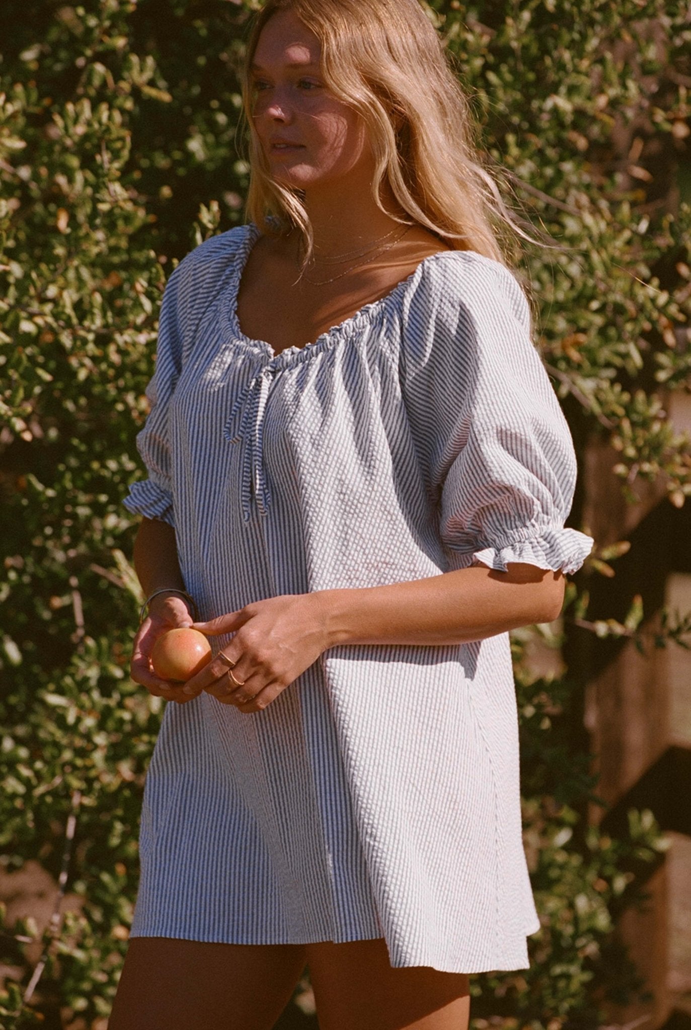 Portofino Dress- Blue and White Seer Sucker Pinstripe Dress