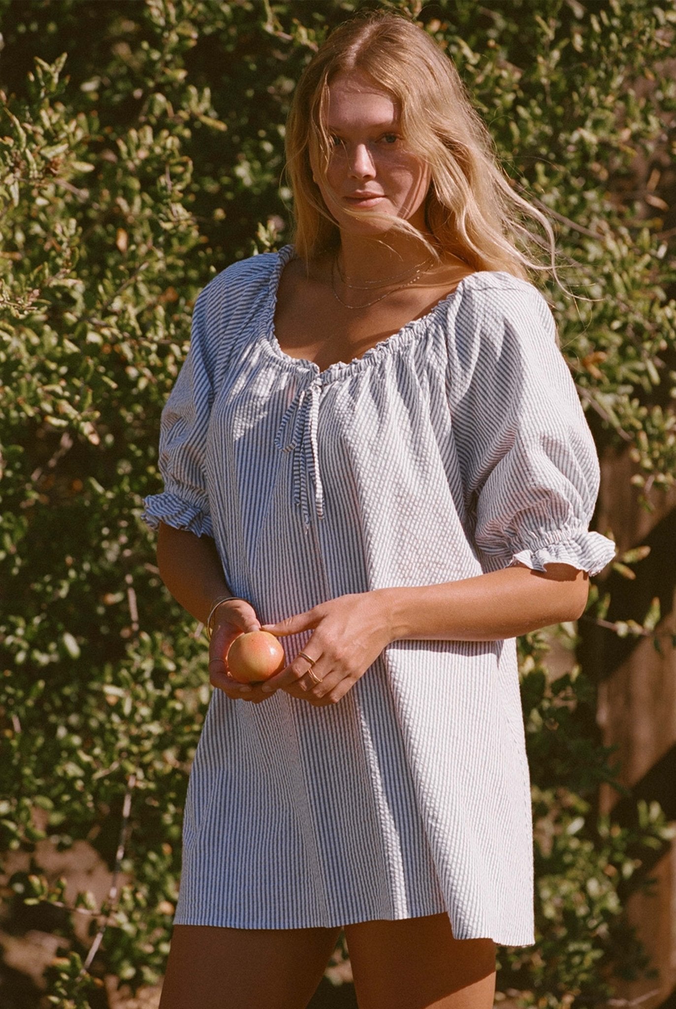 Portofino Dress- Blue and White Seer Sucker Pinstripe Dress