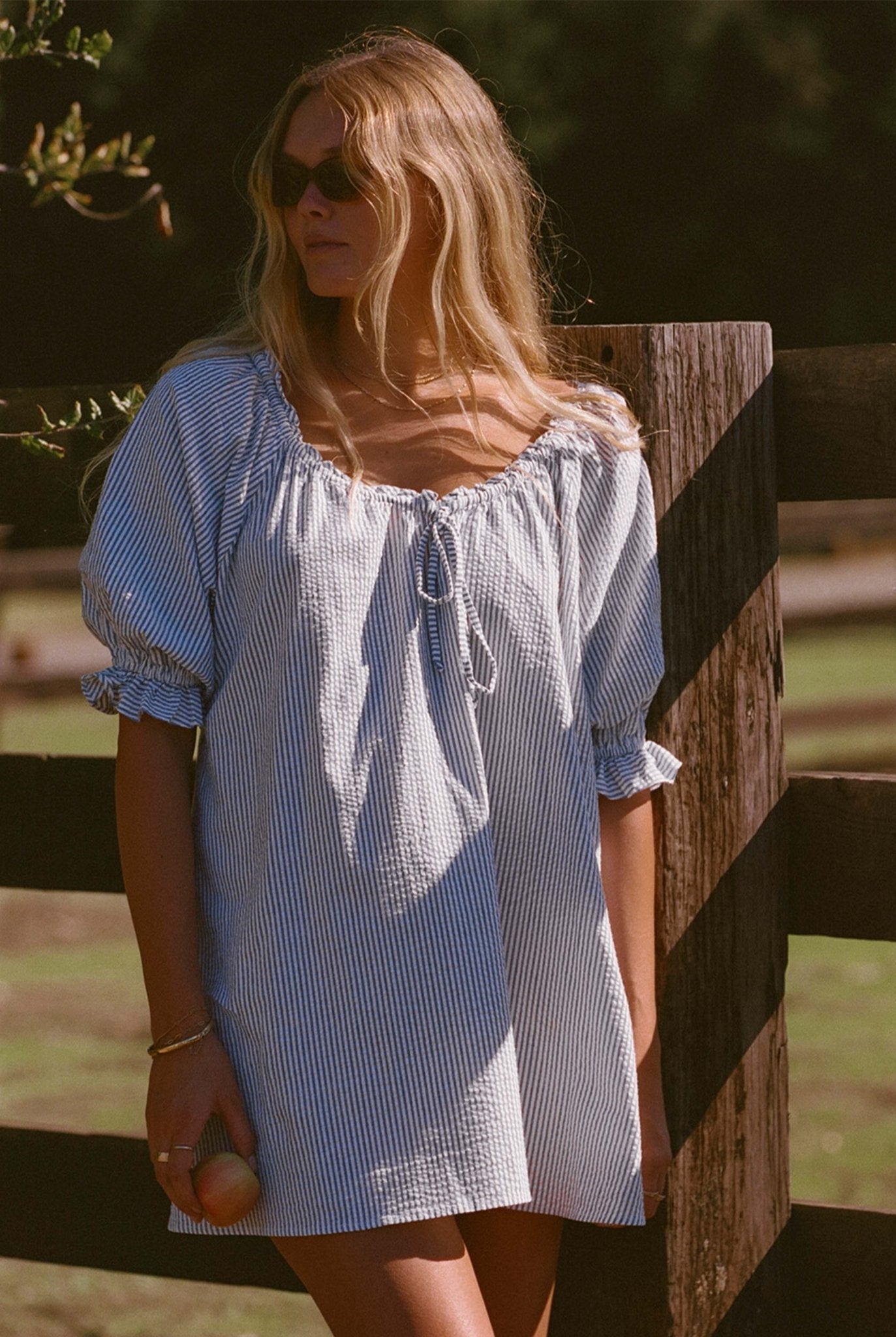 Portofino Dress- Blue and White Seer Sucker Pinstripe Dress