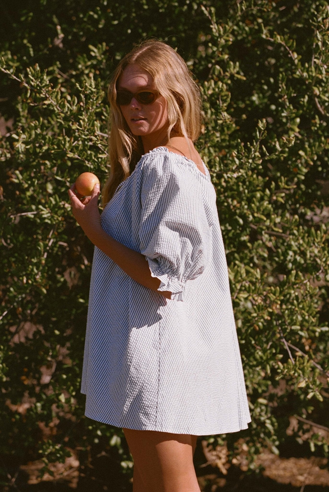 Portofino Dress- Blue and White Seer Sucker Pinstripe Dress