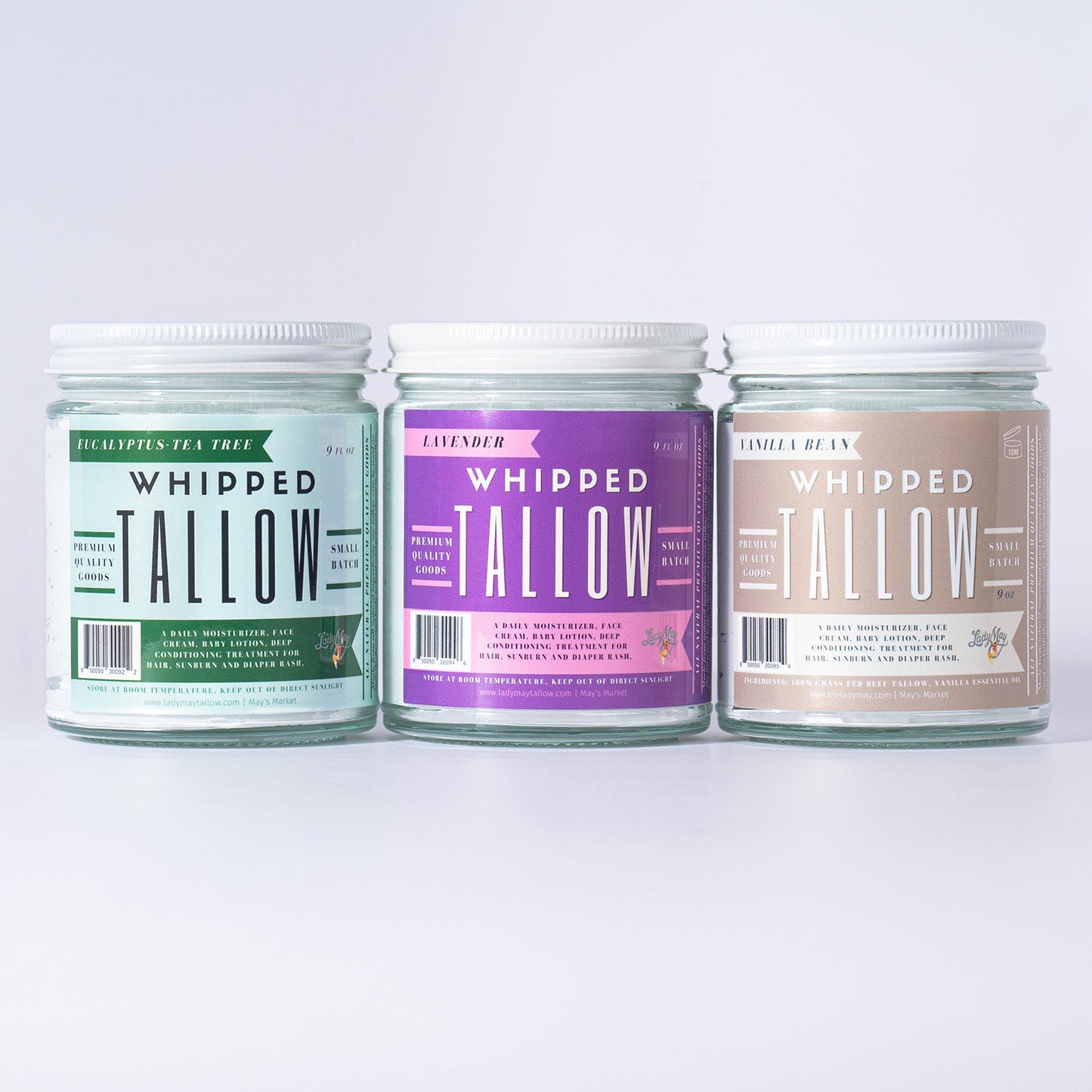 Whipped Tallow Trio - 9oz - Lavender, Vanilla, Eucalyptus Premium Quality All Natural Gift Box by The Lady May