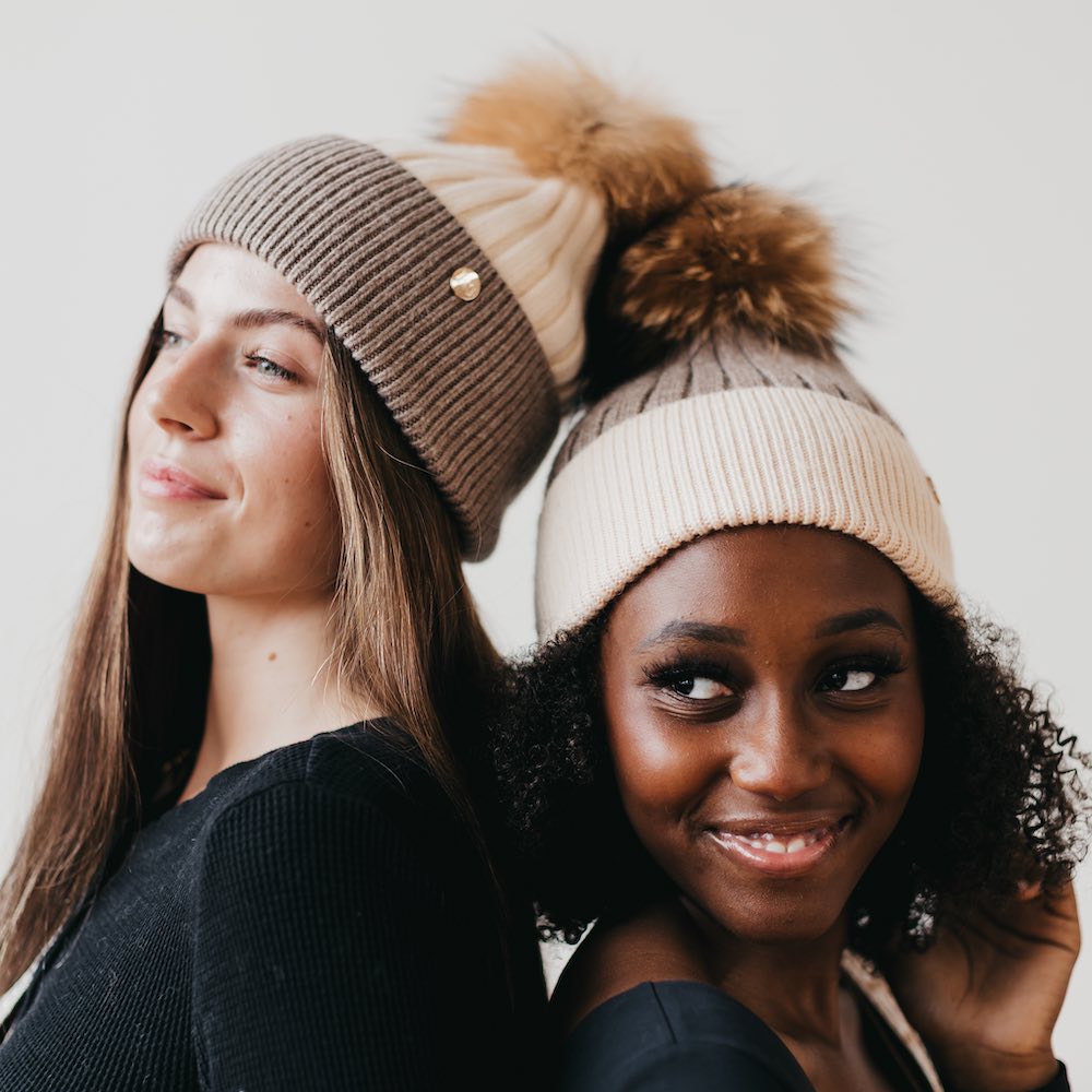 2 Tone Angora Knit Fur Pom Beanie